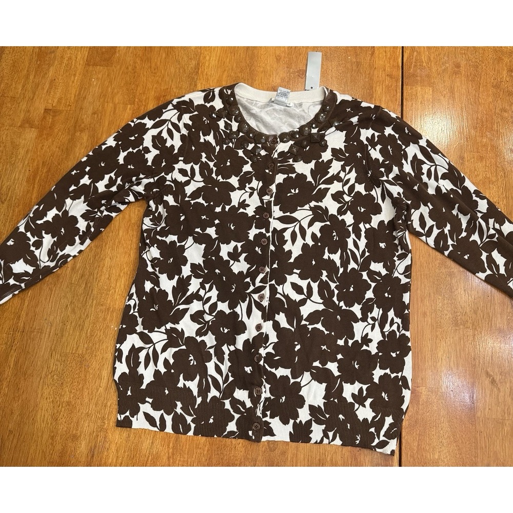 WDNY Floral Brown & White Cardigan Women XL Button Front 3/4 Sleeve NEW
